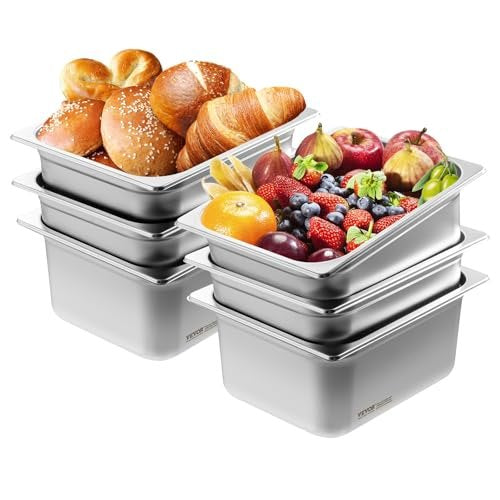 6 Pack Hotel Pans, 1/2 Size Anti-Jam Steam Pan, 0.8mm Thick Stainless Steel Restaurant Steam Table Pan, 6-Inch Deep Commercial Table Pan, Catering Storage Food Pan, for Industrial & Scientific
