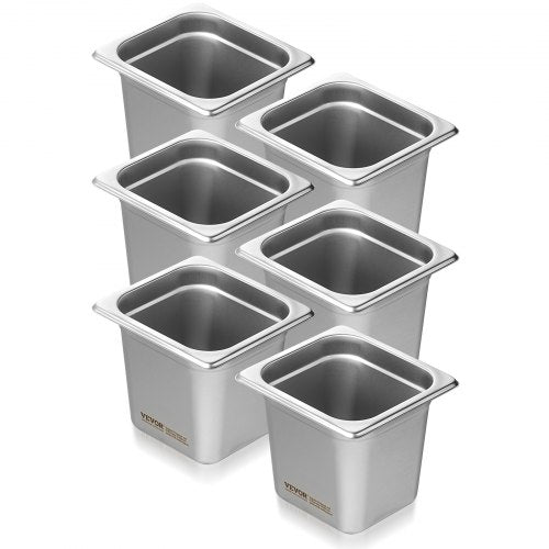 6 Pack Hotel Pans, 1/6 Size Anti-Jam Steam Pan, 0.8mm Thick Stainless Steel Restaurant Steam Table Pan, 6-Inch Deep Commercial Table Pan, Catering Storage Food Pan, for Industrial & Scientific