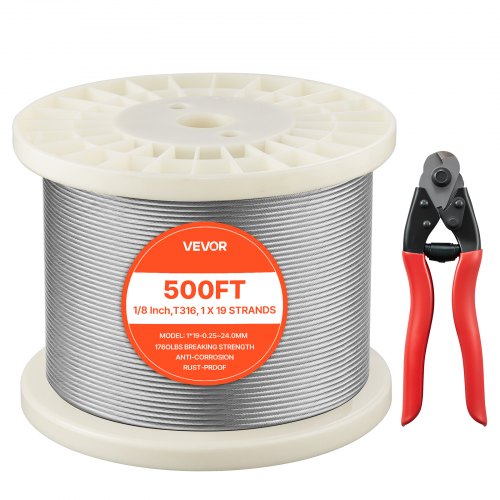 1/8 Inch Wire Rope, 500 ft Length, 316 Stainless Steel Wire Cable with Cutter, 1760 lbs Breaking Strength, 1 x 19 Strands Construction, Steel Cable for Deck Railing System, Garden Trellis