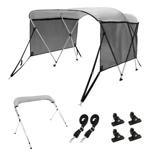 3 Bow Bimini Top Boat Cover, Detachable Mesh Sidewalls, 600D Polyester Canopy with 1' Aluminum Alloy Frame, Includes Storage Boot, 2 Support Poles, 2 Straps, 6'L x 46'H x 67'-72'W, Light Grey