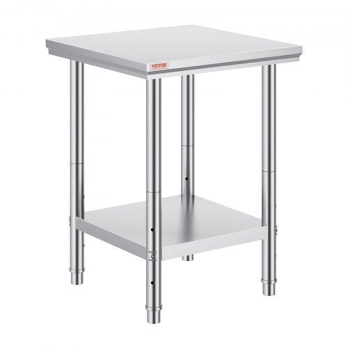 Stainless Steel Prep Table, 24 x 24 x 31 Inch, 700 lbs Load Capacity, Heavy Duty Metal Worktable with 3 Adjustable Height Levels, Commercial Workstation for Kitchen Garage Restaurant Backyard