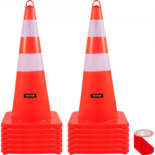 VEVOR Safety Cones, 12 x 28 Traffic Cones, PVC Orange Construction Cones, 2 Reflective Collars Traffic Cones with Weighted Base and Hand-Held Ring Used for Traffic Control, Driveway Road Parking
