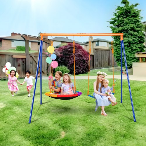 Swing Sets for Backyard, 440lbs Load Capacity Swing Set, with 1 Saucer Swing Seat, 1 Belt Swing Seat, Heavy Duty A-Frame Metal Swing Stand and Adjustable Rope, Swingset Outdoor for Kids