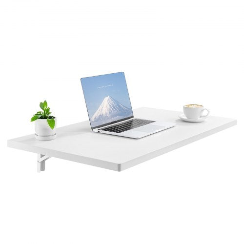Wall Mounted Folding Table, 35.4 x 19.7 inches Wall Mount Table, Floating Desk with Iron Bracket, Fold Down Desk for Small Spaces, Home Office, Dining, Laundry Room, Kitchen, Bar, White
