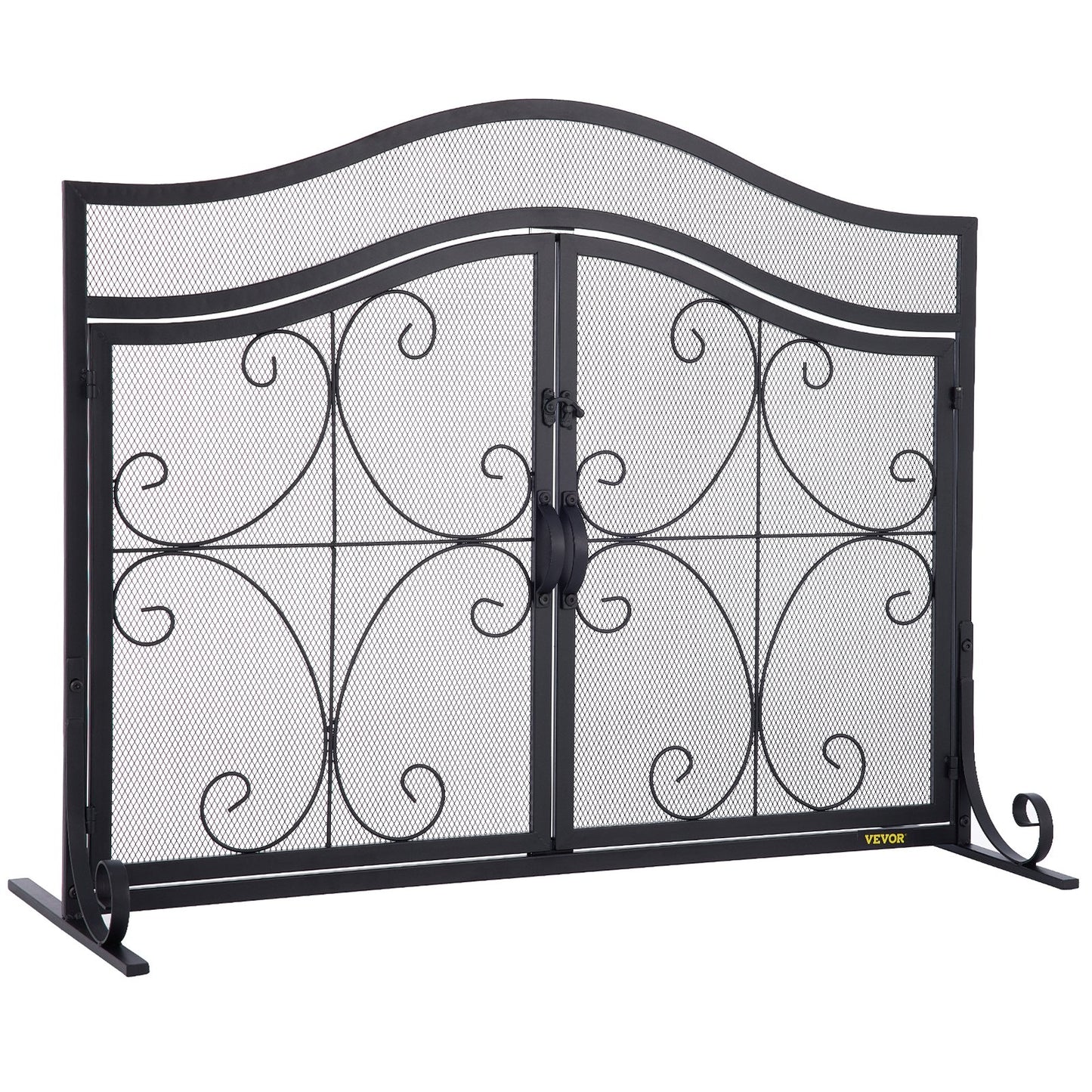 VEVOR Fireplace Screen, 39 x 26.6 Inch, Double Door Iron Freestanding Spark Guard with Support, Metal Mesh Craft, Broom Tong Shovel Poker Included for Fireplace Decoration & Protection, Black