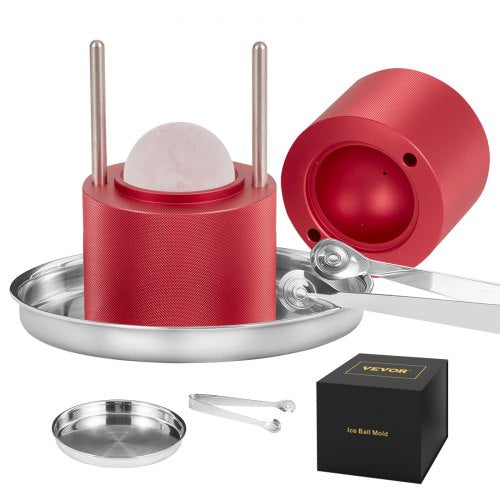 Ice Ball Press, 2.4' Ice Ball Maker, Aircraft Al Alloy Ice Ball Press Kit for 60mm Ice Sphere, Ice Press with Tong and Drip Tray, for Whiskey, Cocktail, Bourbon, Scot on Party & Holiday, Red