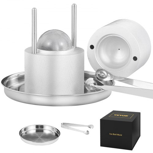 Ice Ball Press, 2.4' Ice Ball Maker, Aircraft Al Alloy Ice Ball Press Kit for 60mm Ice Sphere, Ice Press with Tong and Drip Tray, for Whiskey, Cocktail, Bourbon, Scot on Party & Holiday, Silver