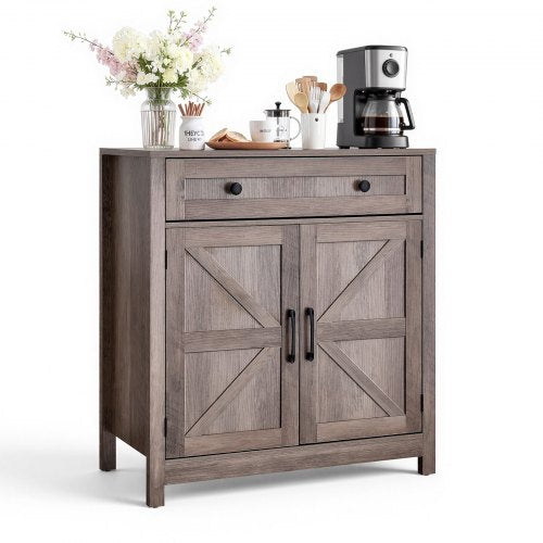 Coffee Bar Cabinet, Farmhouse Coffee Bar Table with Drawer, Buffet Stand Cabinet with 2 Barn Doors, Sideboard Buffet Station for Living Room, Entryway, Kitchen, 29.5 x 14.7 x 31.5 in, Grey
