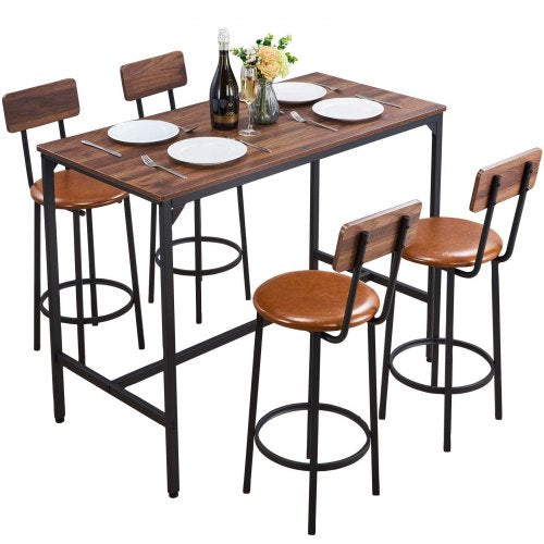 Bar Table, 5PCS 47¡å Bars Tables Set, Bar Tables and Chair Set with Rounded Edge Design, Rectangular Pub Table with Four Stools for Living Room, Dining Room, Kitchen, Walnut Color, Black