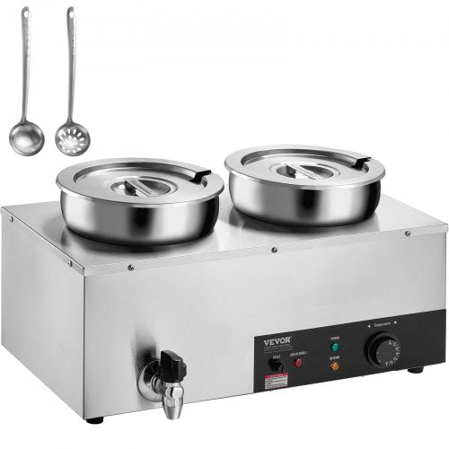 Electric Soup Warmer, Dual 7.4QT Stainless Steel Round Pot, 1200W Commercial Food Warmer, 86~185¡ãF Adjustable Temp, Bain Marie with Anti-Dry Burn and Reset Button, for Restaurant, Buffet