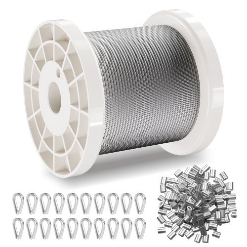 Wire Rope Kit, 1/16' 330 ft 304 Stainless Steel Cable with 80 Sleeves and 20 Thimbles, 450 lbs Breaking Strength, 7x7 Strands Marine Aircraft Grade for Handrail Stair Decking Fence Outdoors