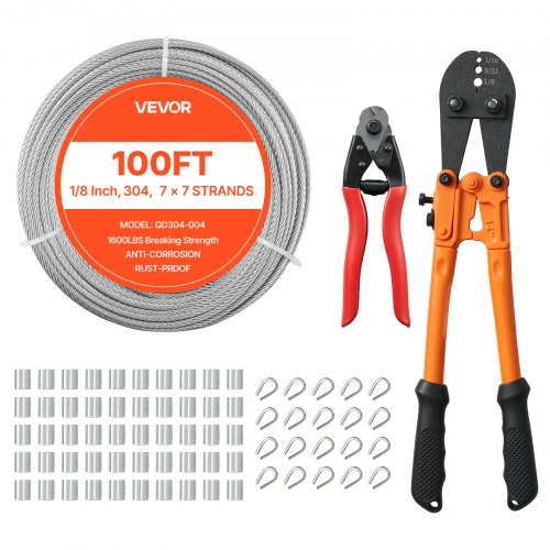 1/8 Inch Wire Rope Kit, 100 ft Length, 304 Stainless Steel Wire Cable with Cutter, 1600 lbs Breaking Strength, 7 x 7 Strands Construction, Steel Cable for Deck Railing System, Garden Trellis