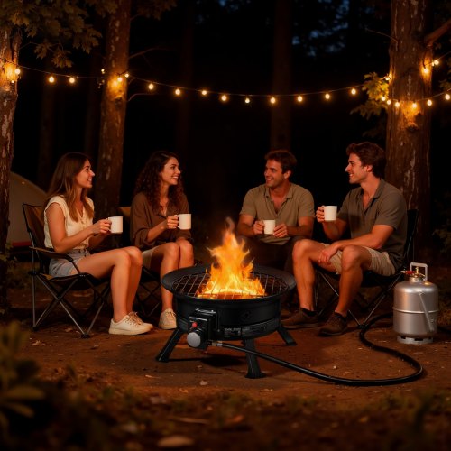 Propane Fire Pit 24-Inch, 53,000 BTU Portable Gas Fire Pit, with Grill Grate & Lava Rocks, Adjustable Flame, Folding Legs,Smokeless Outdoor Firebowl for Camping, Patio, Backyard, Deck, RV, Black