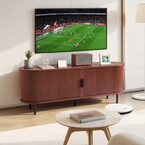 TV Stand, Boho Entertainment Center for TVs up to 58 in, 350 lbs Load, TV Media Console Table with Adjustable Storage Shelves & Rolling Door, Television Stand for Living Room, Bedroom, Brown