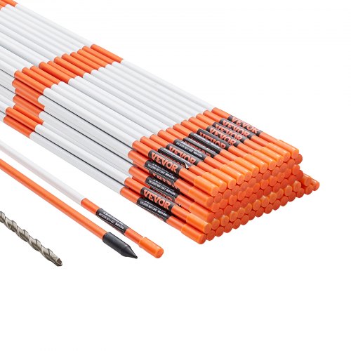VEVOR Driveway Markers, 100 PCS 48 inch, 0.4 inch Diameter, Orange Fiberglass Poles Snow Stakes with Reflective Tape, 12 Steel Drill Bit & Protection Gloves for Parking Lots, Walkways Easy Visibility