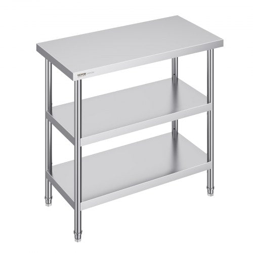 Stainless Steel Food Prep Table, 18 x 36 x 34 Inch Commercial Kitchen Worktable, with 2 Adjustable Undershelf, Heavy Duty Prep Table Metal Work Table for BBQ, Kitchen, Home, and Garage