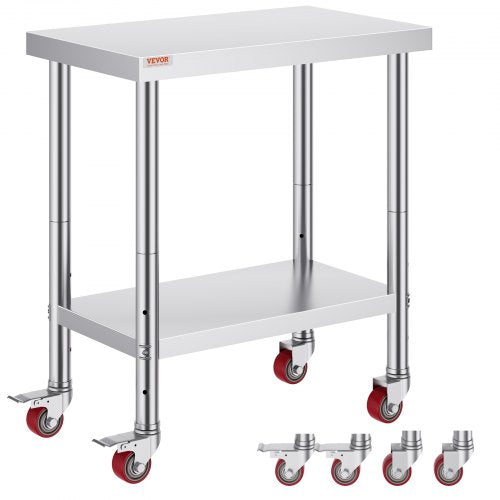 Stainless Steel Work Table 30 x 18 x 34 Inch, 700 LBS Load Capacity with 4 Wheels, 3 Adjustable Height Levels, Heavy Duty Food Prep Worktable for Commercial Kitchen Restaurant, Silver