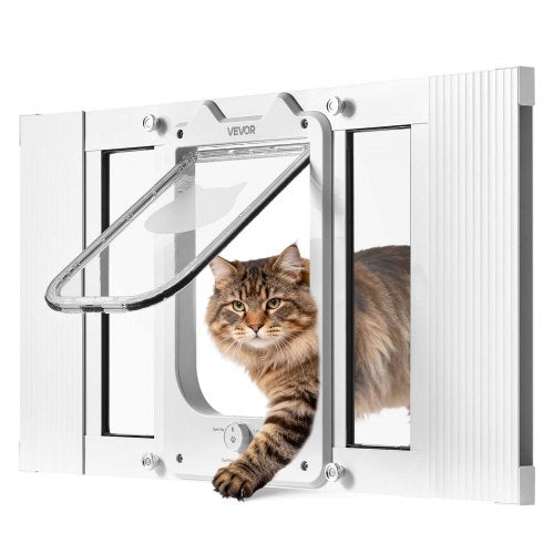 Cat Door for Window, Adjustable to Fit Window Width 23'-28', 4 Secure Lock Modes, Aluminum Frame and High-Transparency Glass, Magnetic Closure, Weatherproof Quick-Fit Pet Door for Cats, White