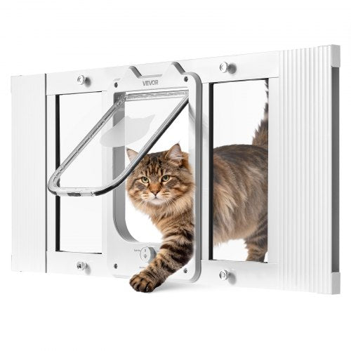 Cat Door for Window, Adjustable to Fit Window Width 27'-32', 4 Secure Lock Modes, Aluminum Frame and High-Transparency Glass, Magnetic Closure, Weatherproof Quick-Fit Pet Door for Cats, White