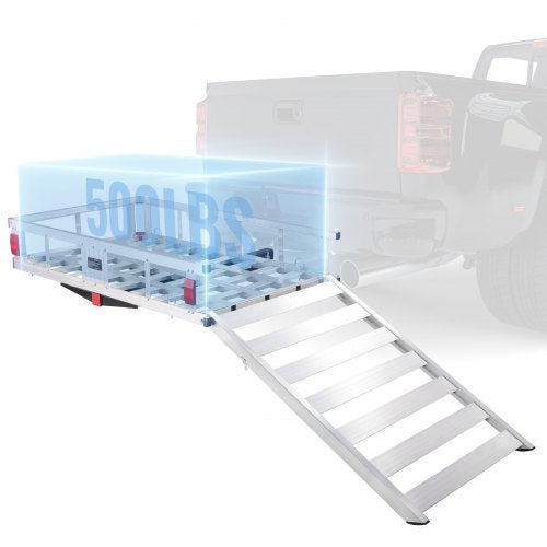50 x 29.5 x 8.7 inch Hitch Cargo Carrier, 500lbs Capacity Trailer Hitch Mounted Cargo Basket, Aluminum Luggage Carrier Rack with Folding Ramp, Fits 2' Hitch Receiver for SUV Truck Pickup Camping
