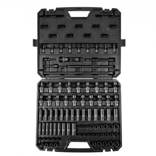 3/8' Drive Impact Socket Set, SAE 1/4'-3/4' and Metric 6-19mm 90 Piece Socket Set, 6 Point Cr-Mo Alloy Steel for Auto Repair, Includes Extension Bars Universal Joint Adapter Lock Storage Case