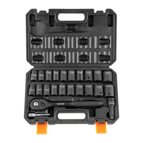 VEVOR 1/2 Drive Impact Socket Set, 23 Piece Socket Set SAE £¨7/16 -1£©& Metric £¨13-24mm£©6 Point Cr-V Alloy Steel for Auto Repair with Ratchet Handle Rugged Construction Storage Case