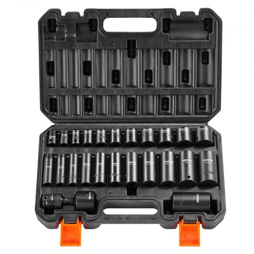 3/8' Drive Impact Socket Set, 25 Piece Deep & Shallow Socket Set SAE 5/16' - 1', 6 Point Cr-Mo Alloy Steel for Auto Repair, Easy-to-Read Size Markings, Rugged Construction, Includes Storage Case