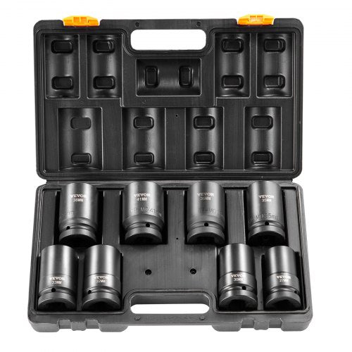 1' Drive Impact Socket Set, 8 Piece Deep Socket Set Metric 27-41mm, 6 Point Cr-Mo Alloy Steel for Auto Repair, Easy-to-Read Size Markings, Rugged Construction, Includes Storage Case