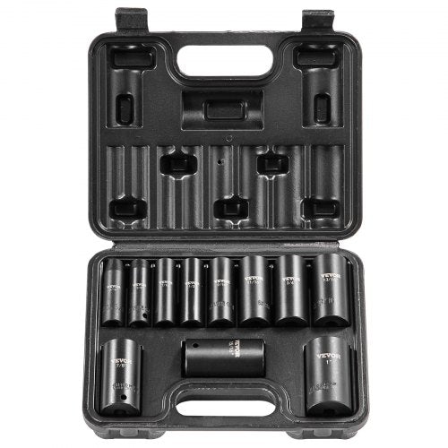 3/8' Drive Impact Socket Set, 11 Piece Deep Socket Set SAE 5/16'-1', 6 Point CR-V Alloy Steel for Auto Repair, Easy-to-Read Size Markings, Rugged Construction, Includes Storage Case