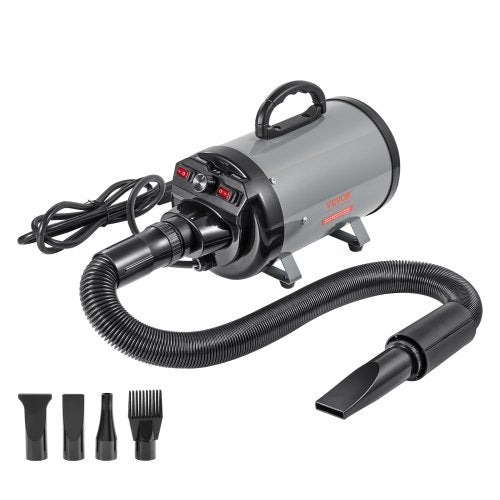 Dog Dryer, 2000W/2.7HP Dog Blow Dryer, Pet Grooming Dryer with Adjustable Speed and Temperature Control, Pet Hair Dryer with 4 Nozzles and Extendable Hose, Grey and Black