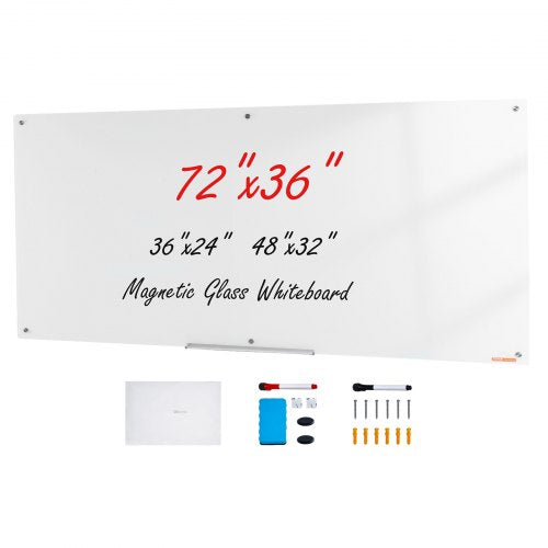 Magnetic Glass Whiteboard, Dry Erase Board 72'x36', Wall-Mounted Large White Glassboard Frameless, with Marker Tray, an Eraser and 2 Markers, White