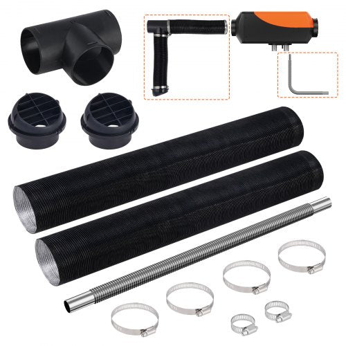Diesel Heater Pipe Ducting Set, 3' Extendable Air Duct Hose, 1' Stainless Steel Exhaust Pipe, 2 Air Vents, Tee Air Outlet Connector and Hose Clamps, for 5KW/8KW Diesel Parking Heaters