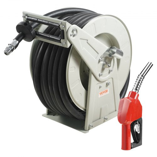 Fuel Hose Reel, 1' x 50', Extra Long Retractable Diesel Hose Reel, Heavy-Duty Carbon Steel Construction with Automatic Fuel Nozzle, NBR Rubber Hose for Aircraft Ship Vehicle Tank Truck, 300 PSI