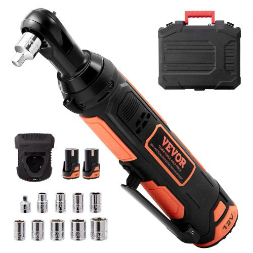 3/8' Cordless Electric Ratchet Wrench Set, 12V 33 Ft-lbs Power Ratchet Tool Kit, 45-Min Fast Charge, 2-Pack 2.0Ah Battery, Built-in LED Light, Variable Speed Trigger, 10 Sockets