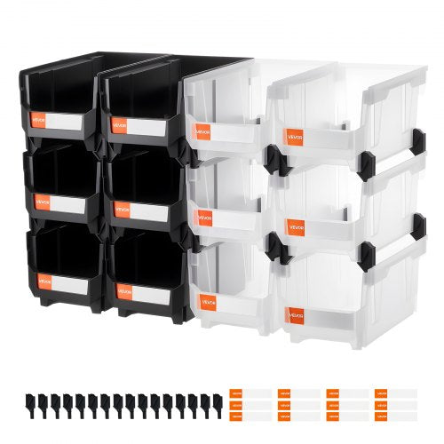 Plastic Stackable Storage Bins, 14.8 x 8.5 x 7.1 inch (12 Pack), Plastic Containers for Organizing & Storage Bins for Garage, Small Parts, Office Supplies, Other Accessories, Black & Transparent