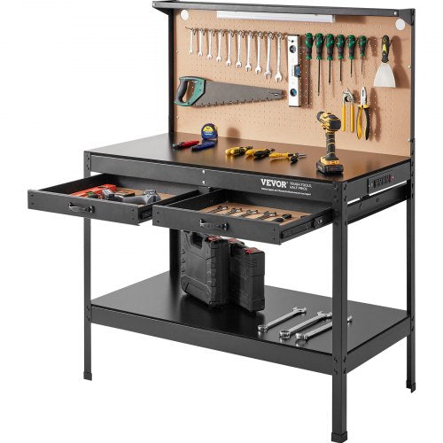 VEVOR Workbench A3 Steel Work Bench For Garage max. 1500W Heavy Duty Workbench 220lbs Weight Capacity 0.47 Bench top Thickness Hardwood Workbench 1.5m Cable 4xAC outlets 2xUSB ports 30xHooks