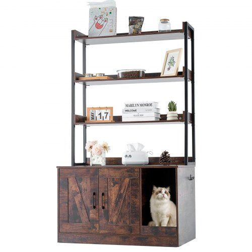 Cat Litter Box Enclosure, Hidden Litter Box Furniture with 3 Storage Shelves, Wooden Cat Washroom Indoor, Large Cat House Cabinet Hidden Fit Most Litter Box, 33.5'L x 19.3'W x 58.7'H, Dark Brown