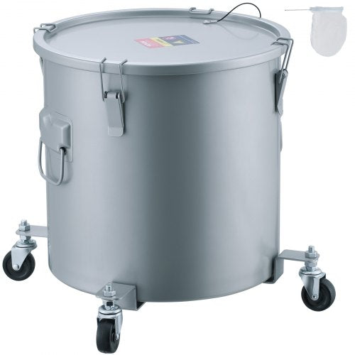 Fryer Grease Bucket, 10 Gal Oil Disposal Caddy with Caster Base, Carbon Steel Rust-Proof Coating, Oil Transport Container with Lid, Lock Clips, Filter Bag for Hot Cooking Oil Filtering, Gray
