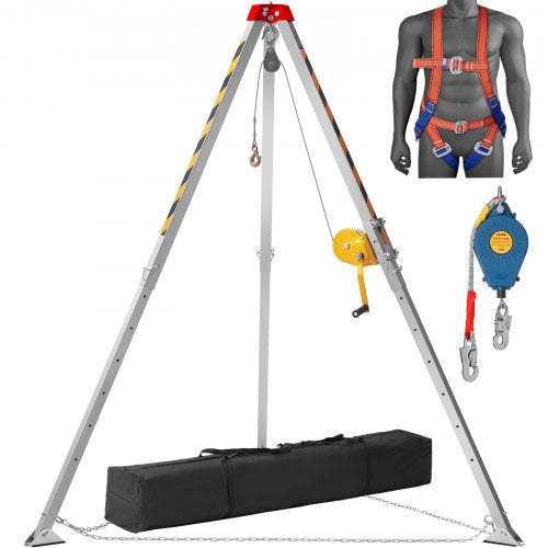 Confined Space Tripod Kit, Confined Space Tripod 7' Legs and 98' Cable, Confined Space Rescue Tripod 32.8' Fall Protection, 1200 lbs Winch, Harness, Storage Bag
