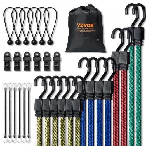 32 Piece Flat Bungee Cord Set, 17 mm Heavy Duty Bungee Straps with A3 Steel J-Hooks, Includes 10', 18', 24', 32', 40', Bungee Rope with Portable Storage Bag, 6 Clips & Canopy Ties