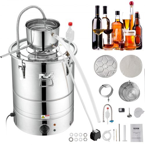 Alcohol Still, 15 Gal 50L Water Alcohol Distiller, Home Distillery Kit include Stainless Steel Tube & Pump & One-way Exhaust Valve & Thermometer (30-120¡æ ) for DIY Whisky Wine Brandy, Silver