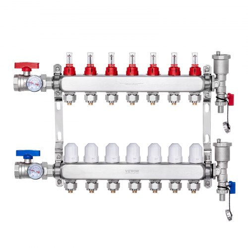 7-Branch Radiant Heat Manifold, 1/2' PEX Tubing Manifold, Stainless Steel PEX Manifold for Hydronic Radiant Floor Heating, Radiant Heat PEX Manifold Kit with 1/2' Adapters Included