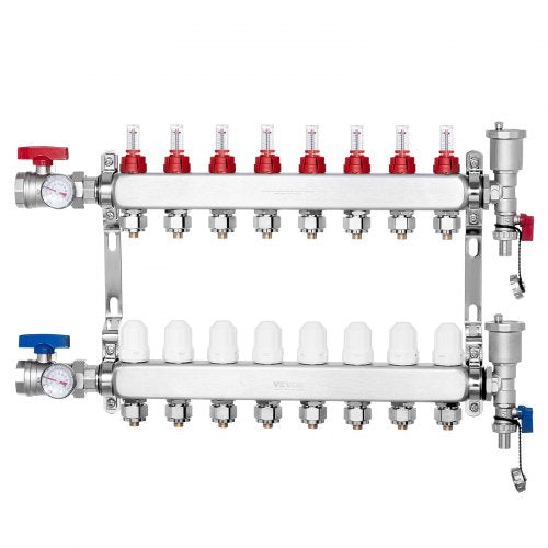 8-Branch Radiant Heat Manifold, 1/2' PEX Tubing Manifold, Stainless Steel PEX Manifold for Hydronic Radiant Floor Heating, Radiant Heat PEX Manifold Kit with 1/2' Adapters Included