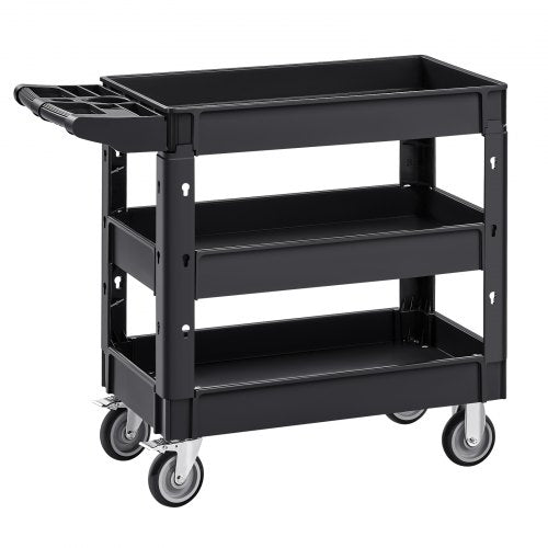 Utility Service Cart, 550 LBS Laod Capacity, 3 Shelf Heavy Duty Plastic Rolling Utility Cart with 360¡ã Swivel Wheels (2 with Brakes), Ergonomic Storage Handle for Warehouse/Garage/Cleaning