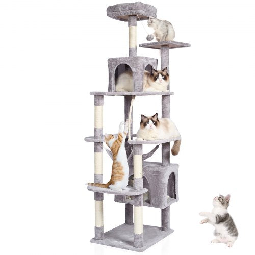 Cat Tree for Indoor Cats, 72' Cat Tower with 2 Cat Condos, Sisal Scratching Post, Hammock, Top Perch, Jumping Platforms, Large Cat Furniture Activity Center with Hang Ball, Light Grey