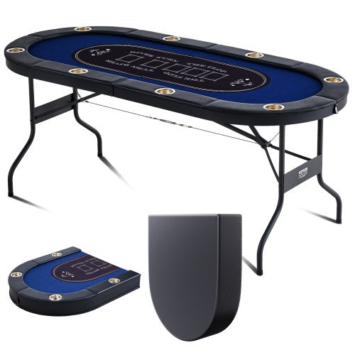 8 Player Foldable Poker Table, Blackjack Texas Holdem Poker Table with Padded Rails and Stainless Steel Cup Holders, Portable Folding Card Board Game Table, 72' Oval Casino Leisure Table, Blue