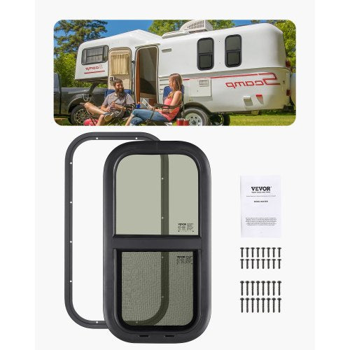 Vertical RV Window, 12' W x 24' H Tinted Sliding RV Window with Net Screen & Trim Ring, Fit 15/16' - 1 3/4' Thickness Wall, RV Window Replacement for Teardrop Cargo Trailer Camper, DOT Approved