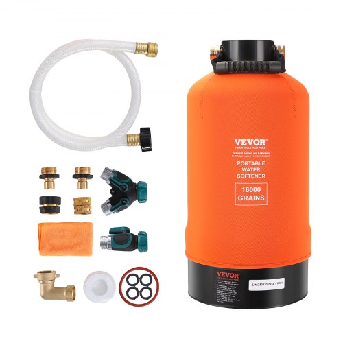 RV Water Softener, 16,000 Grain Portable Water Softener, with 3/4' Brass Fittings and 42' Hose, Soften Hard Water Filter System for RVs, Trailers, Boats, Mobile Car Washing, Pressure Washing