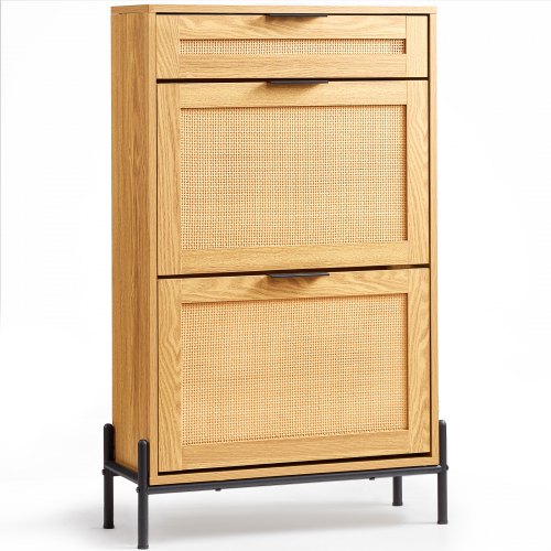 Rattan Shoe Cabinet, Narrow Shoe Storage Organizer with 2 Flip Rattan Drawers & 1 Slide Drawer, Metal Legs, Slim Shoe Entryway Cabinet Ideal for Entryway, Closet, Hallway, Light Wood Color