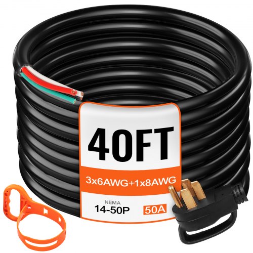40' 50A RV Camp Power Cord Generator Cord 6/3 + 8/1 AWG NEMA 14-50P to Bare Wire